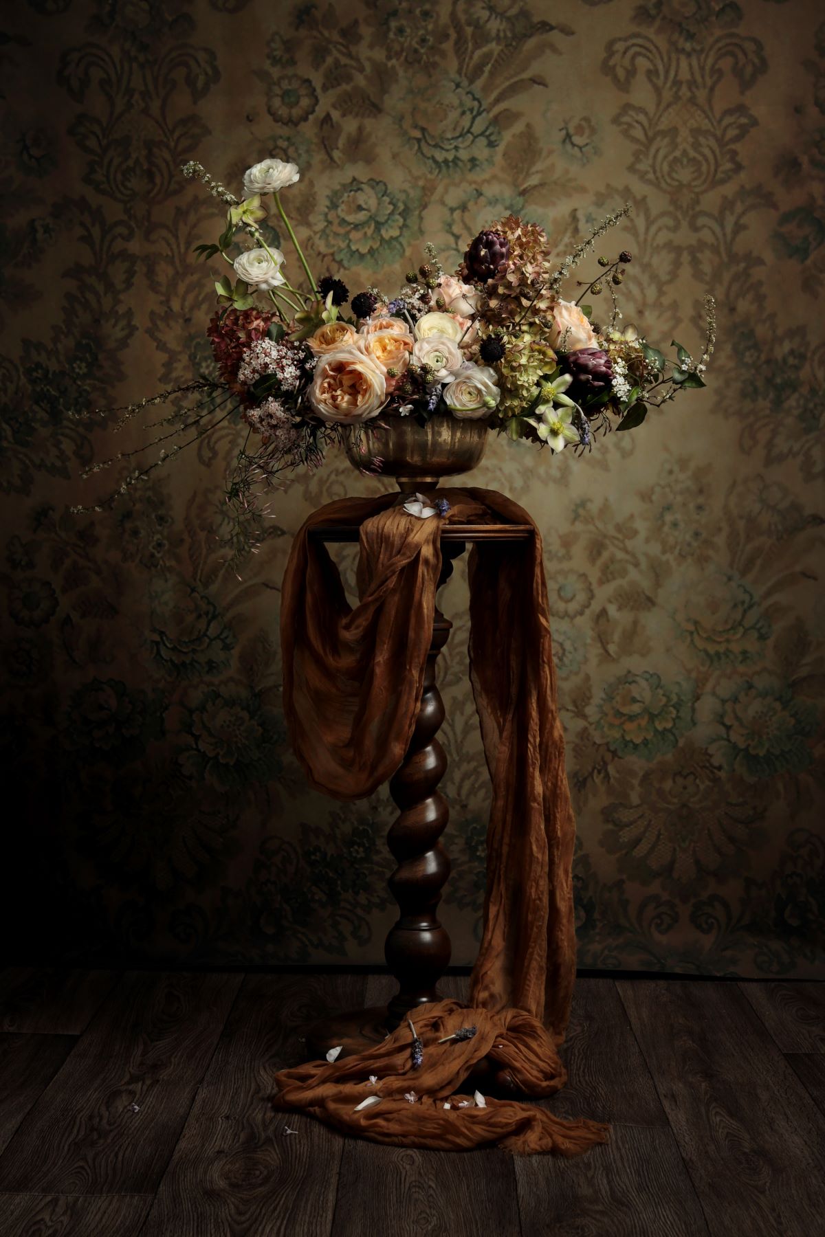 Compote Design on Stand luxury floral arrangement in rich tones of peach, green, brown
